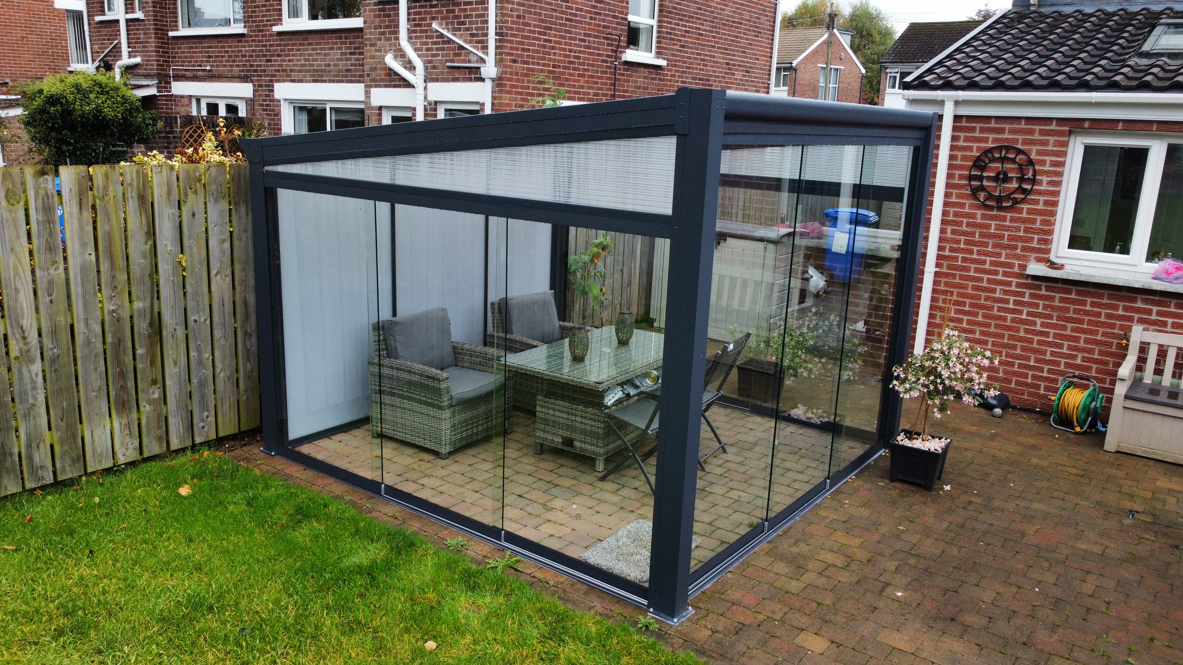 outdoor glass pergola with doors belfast